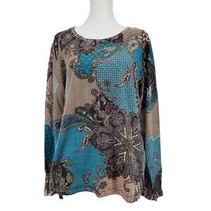 Chico’s Women’s Paisley Patchwork Long Sleeve Knit Top Size 1 Medium Teal Beige